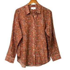 Xirena Beau Shirt in Spice Bandana Mocha Teal Cotton Silk Long Sleeve Size L